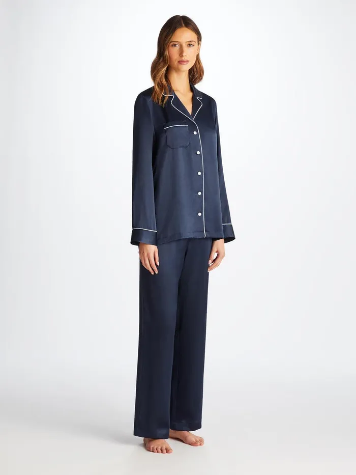 Derek Rose Pajamas Bailey Silk Satin Navy Women Silk Pajamas
