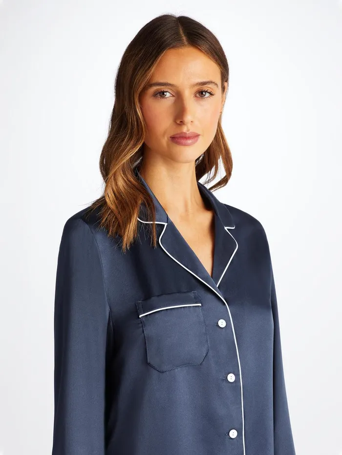 Derek Rose Pajamas Bailey Silk Satin Navy Women Silk Pajamas