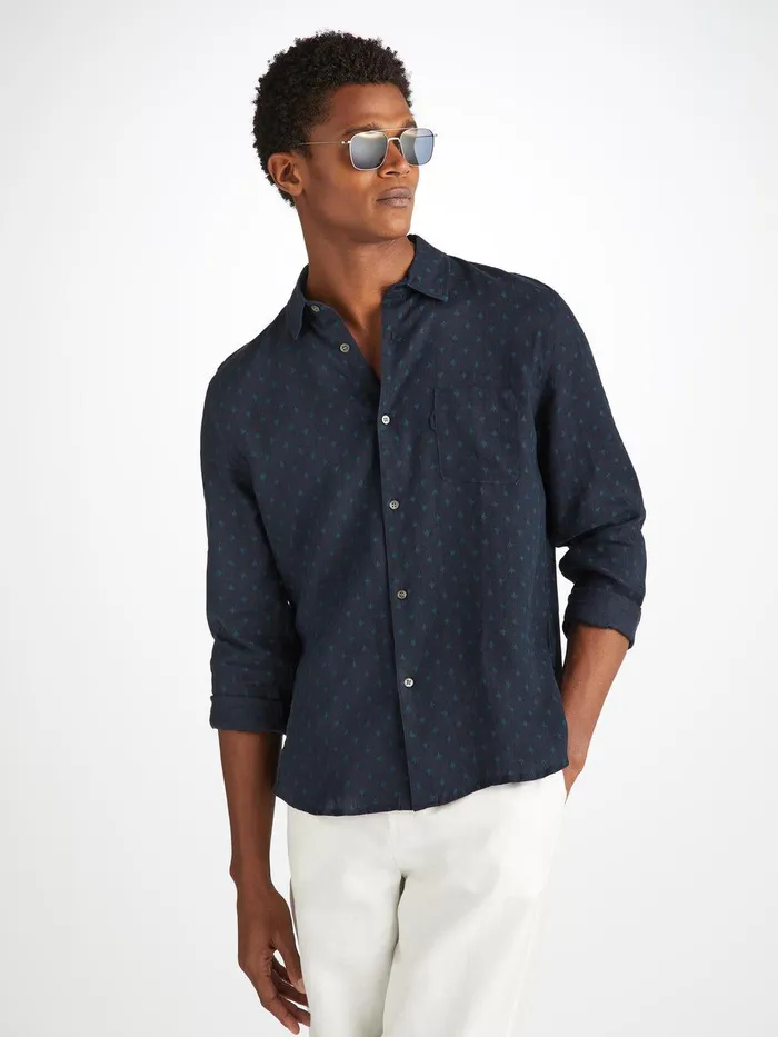 Derek Rose Shirt Milan 25 Linen Navy Men Casual Shirts
