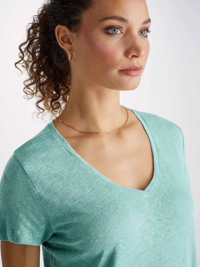 Derek Rose VNeck TShirt Jordan Linen Soft Aqua Women Short Sleeve TShirts