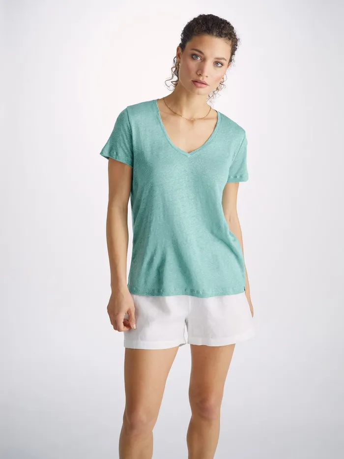 Derek Rose VNeck TShirt Jordan Linen Soft Aqua Women Short Sleeve TShirts