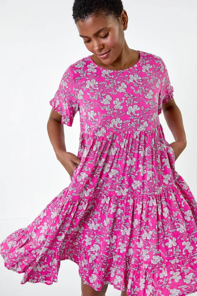 Ditsy Floral Print Tiered Smock Dress Women Roman Dresses