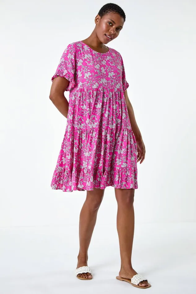 Ditsy Floral Print Tiered Smock Dress Women Roman Dresses