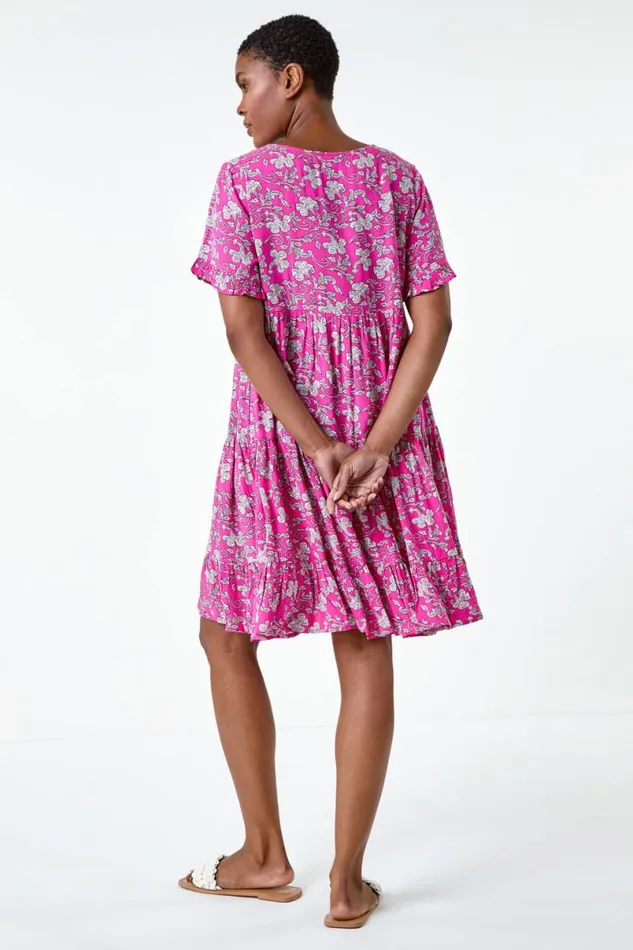 Ditsy Floral Print Tiered Smock Dress Women Roman Dresses