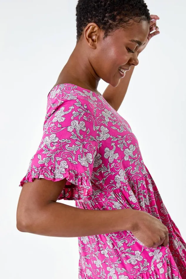Ditsy Floral Print Tiered Smock Dress Women Roman Dresses