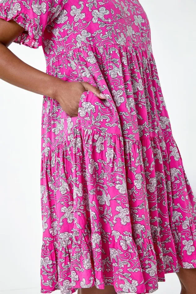 Ditsy Floral Print Tiered Smock Dress Women Roman Dresses