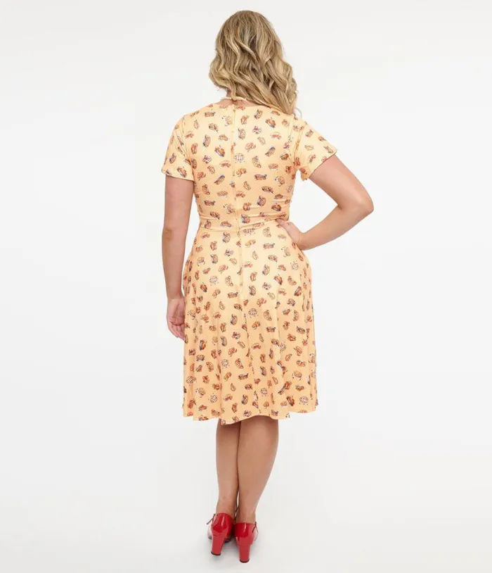 Dolly and Dotty 1950s Orange Apple Pie Print Fit and Flare Dress DressesPlus Unique Vintage Pocket Dresses