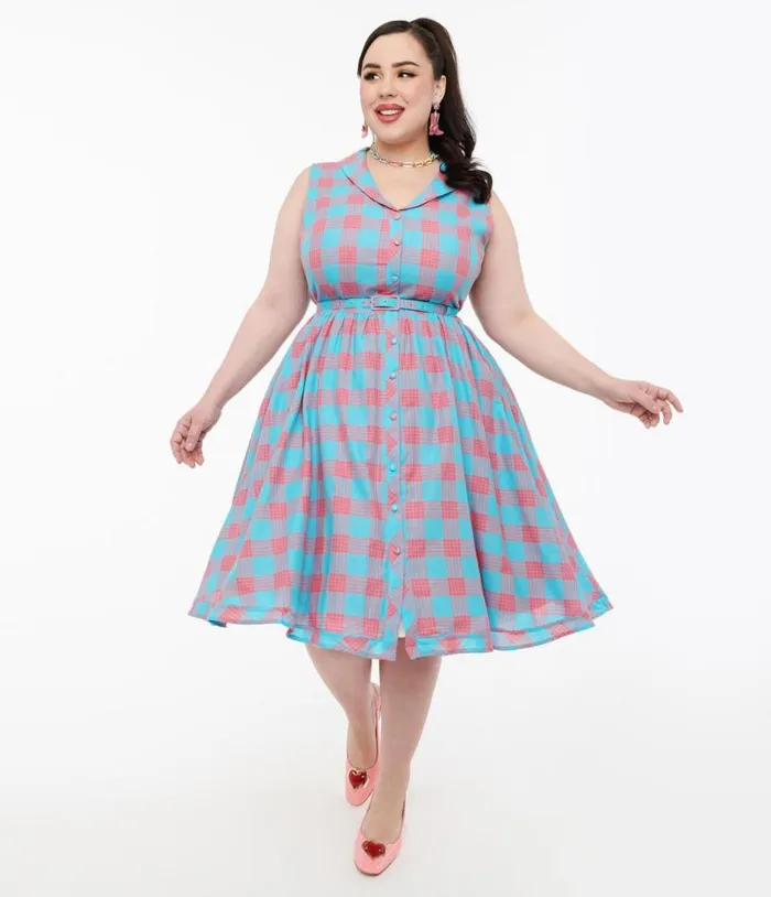 Dolly and Dotty 1950s Pink and Blue Gingham Cotton Swing Dress DressesPlus Unique Vintage Pocket Dresses