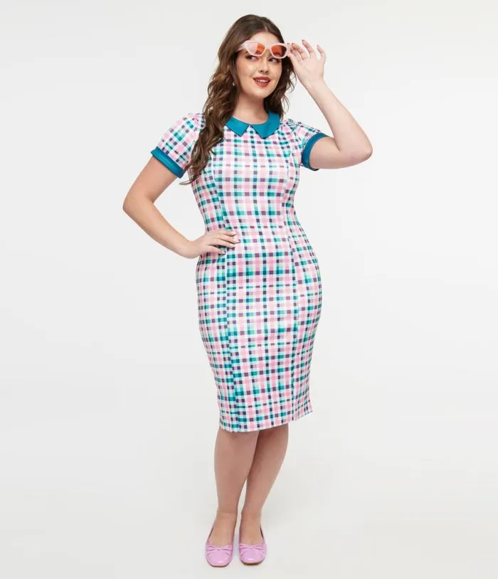 Dolly and Dotty 1950s Pink and Teal Plaid Toni Pencil Dress DressesPlus Unique Vintage Pencil Dolly and Dotty 1950s Pink and Teal Plaid Toni Pencil Dress DressesPlus Unique Vintage Pencil