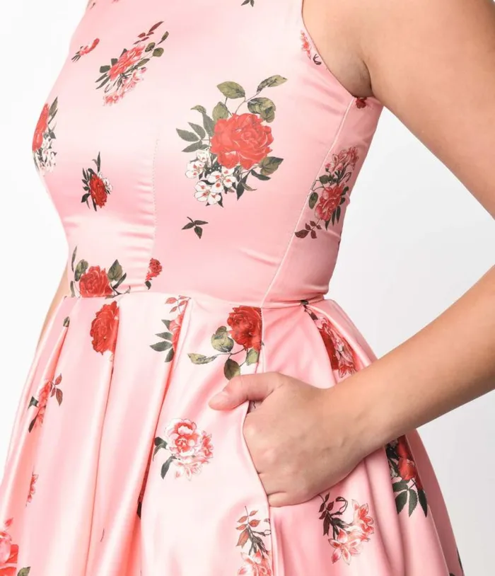 Dolly and Dotty Pink Raising Flowers Swing Dress DressesPlus Unique Vintage Pocket Dresses