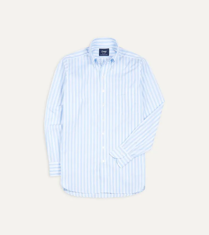 Drake039s Blue Broad Stripe Cotton Poplin ButtonDown Shirt Men Formal Shirts