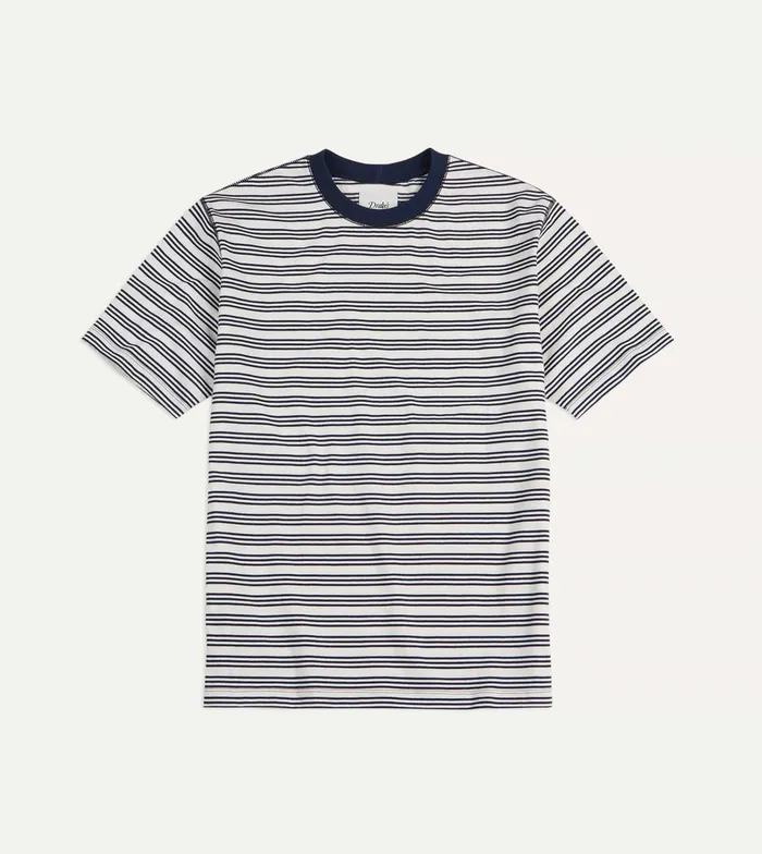 Drake039s Ecru And Navy Triple Stripe Cotton Crew Neck Hiking TShirt Men TShirts Drake039s Ecru And Navy Triple Stripe Cotton Crew Neck Hiking TShirt Men TShirts