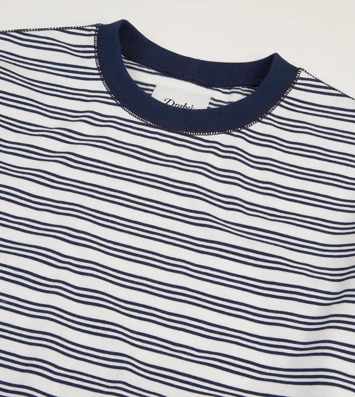 Drake039s Ecru And Navy Triple Stripe Cotton Crew Neck Hiking TShirt Men TShirts