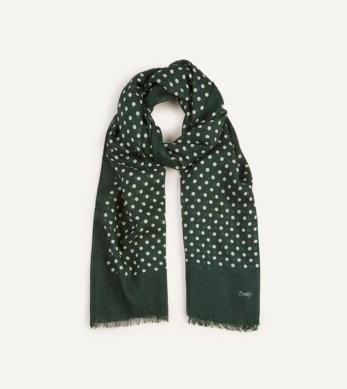 Drake039s Green HandDrawn Polka Dot Wool Scarf Men Scarves