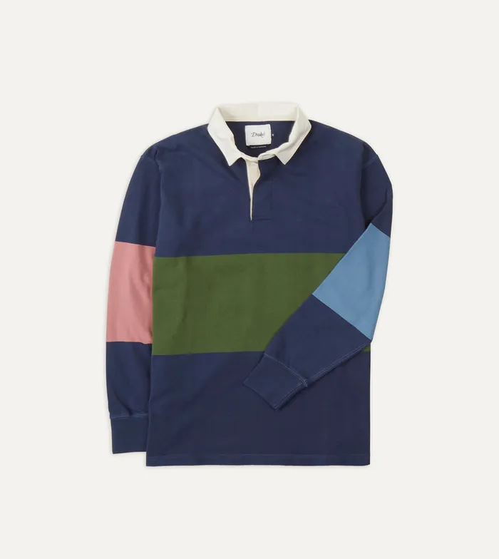 Drake039s Navy Olive Pink And Blue Colour Block Cotton Rugby Shirt Men Polos and Sweatshirts