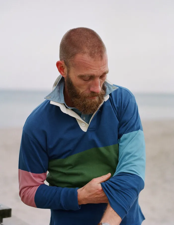 Drake039s Navy Olive Pink And Blue Colour Block Cotton Rugby Shirt Men Polos and Sweatshirts