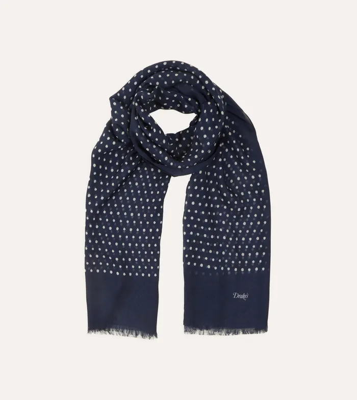 Drake039s Navy Polka Dot Wool Scarf Men Scarves