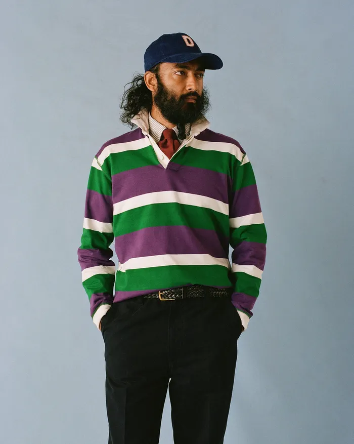 Drake039s Purple Green And White Stripe Cotton Rugby Shirt Men Polos and Sweatshirts