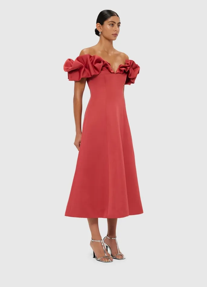 Dresses and Jumpsuits Women LEO LIN Annie Off Shoulder Frill Midi Dress 8211 Mulberry