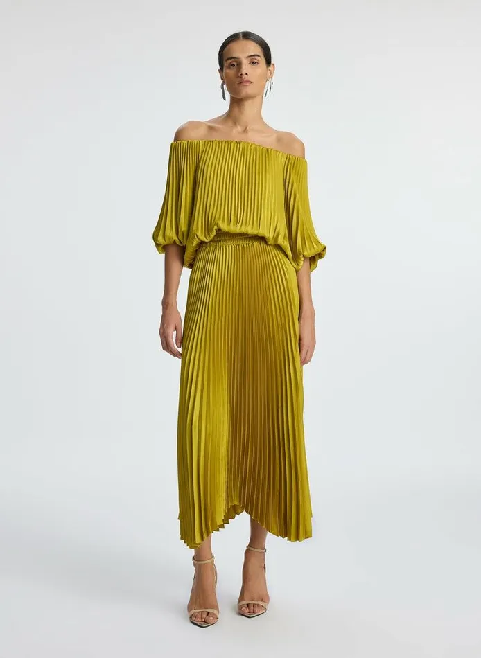 Dresses Women ALC Sienna Satin Pleated Off Shoulder Dress Cactus Bloom