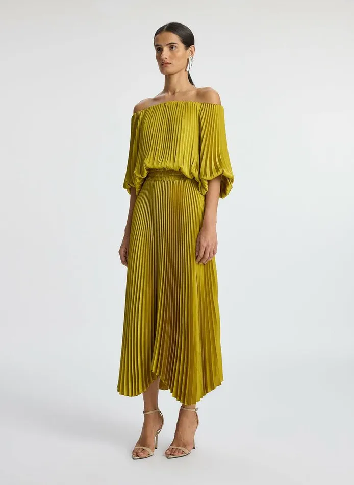 Dresses Women ALC Sienna Satin Pleated Off Shoulder Dress Cactus Bloom Dresses Women ALC Sienna Satin Pleated Off Shoulder Dress Cactus Bloom