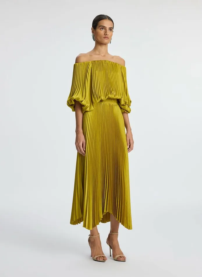 Dresses Women ALC Sienna Satin Pleated Off Shoulder Dress Cactus Bloom Dresses Women ALC Sienna Satin Pleated Off Shoulder Dress Cactus Bloom