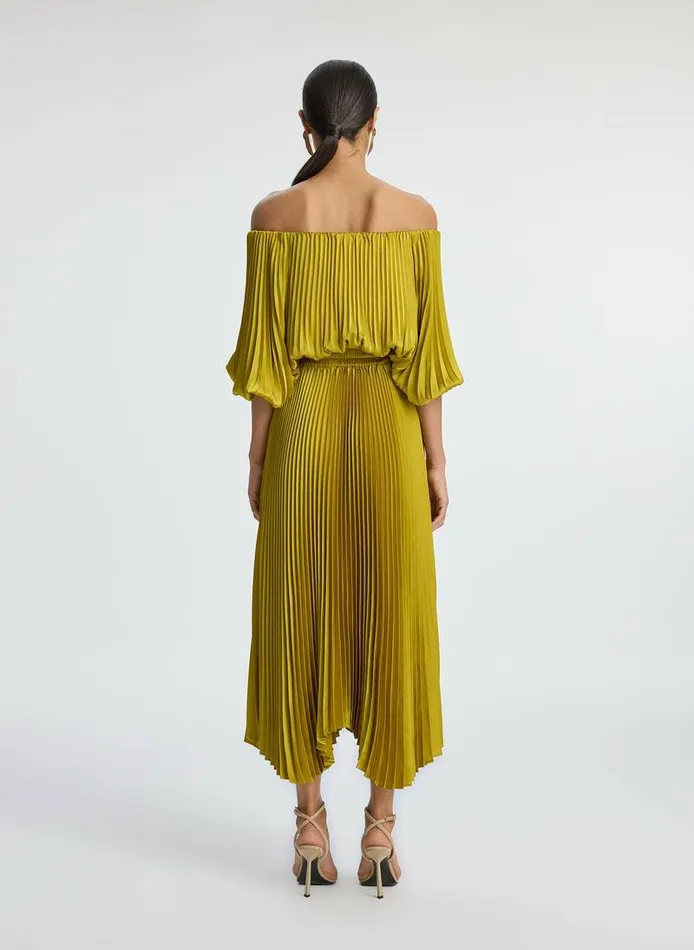 Dresses Women ALC Sienna Satin Pleated Off Shoulder Dress Cactus Bloom Dresses Women ALC Sienna Satin Pleated Off Shoulder Dress Cactus Bloom