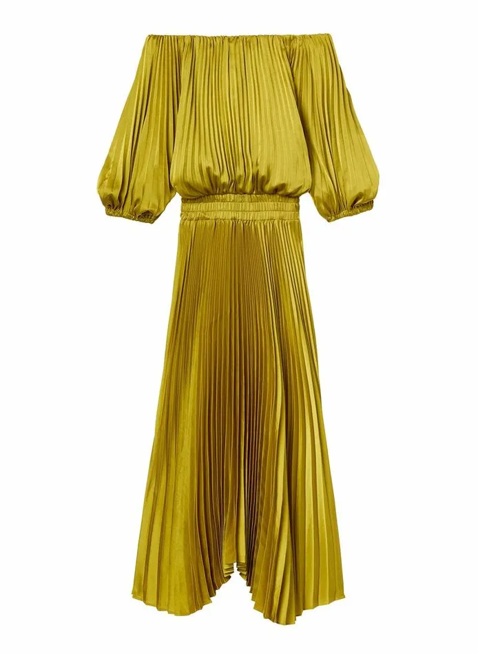 Dresses Women ALC Sienna Satin Pleated Off Shoulder Dress Cactus Bloom Dresses Women ALC Sienna Satin Pleated Off Shoulder Dress Cactus Bloom