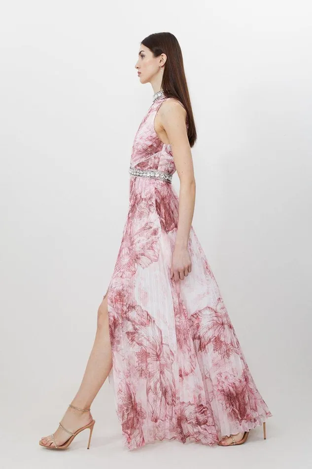 Dresses Women Karen Millen Abstract Floral Crystal Embellished Woven Split Maxi Dress Pink