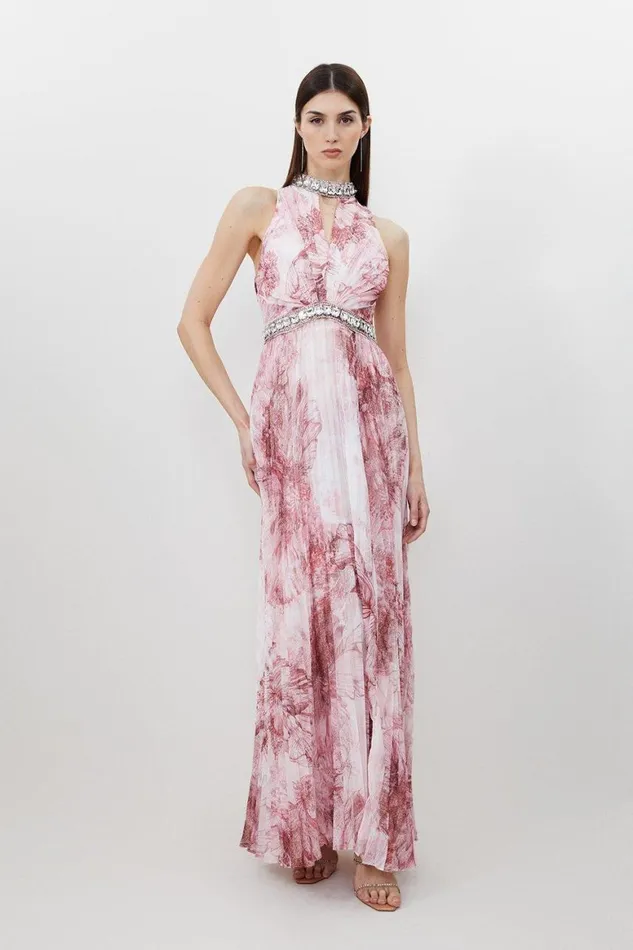 Dresses Women Karen Millen Abstract Floral Crystal Embellished Woven Split Maxi Dress Pink