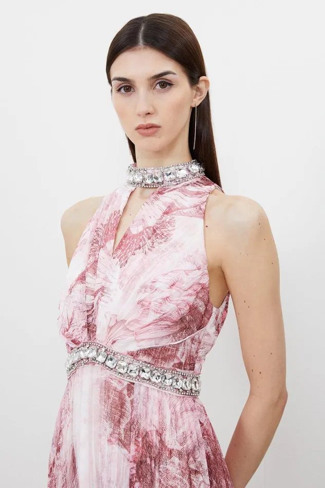 Dresses Women Karen Millen Abstract Floral Crystal Embellished Woven Split Maxi Dress Pink
