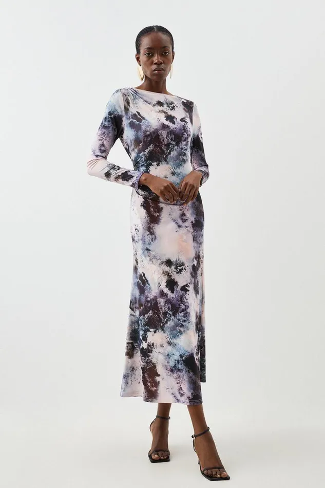 Dresses Women Karen Millen Abstract Print Jersey Crepe Long Sleeve Midaxi Dress Grey