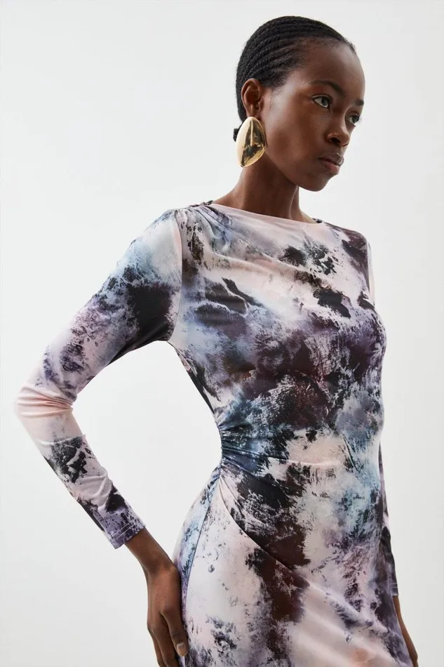 Dresses Women Karen Millen Abstract Print Jersey Crepe Long Sleeve Midaxi Dress Grey
