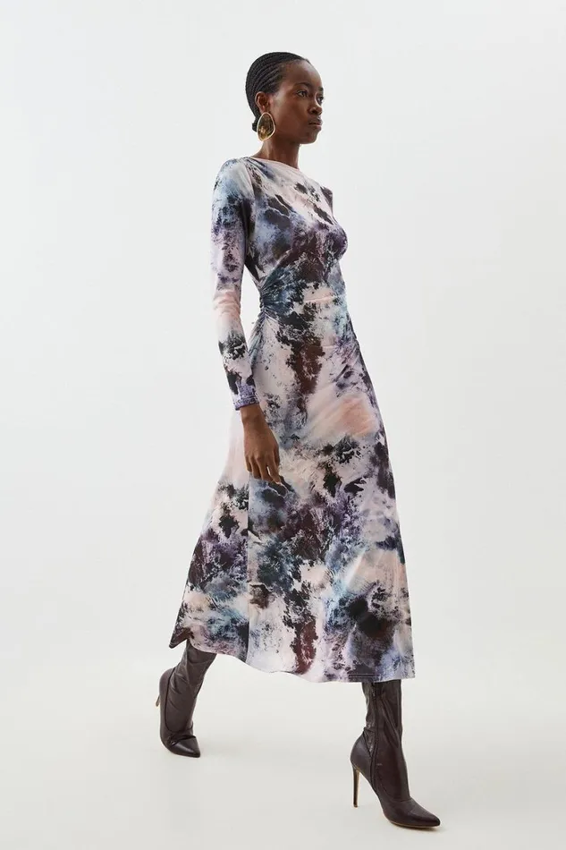 Dresses Women Karen Millen Abstract Print Jersey Crepe Long Sleeve Midaxi Dress Grey