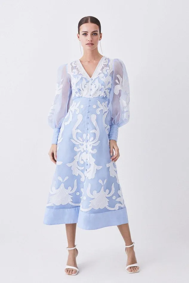 Dresses Women Karen Millen Applique Organdie Buttoned Woven Maxi Dress Blue