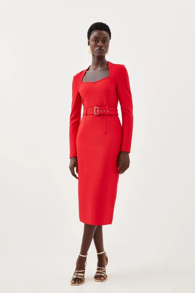 Dresses Women Karen Millen Bandage Figure Form Knit Belted Midi Dress Red