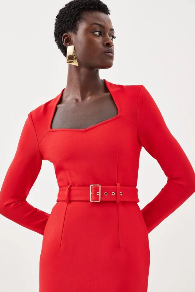 Dresses Women Karen Millen Bandage Figure Form Knit Belted Midi Dress Red