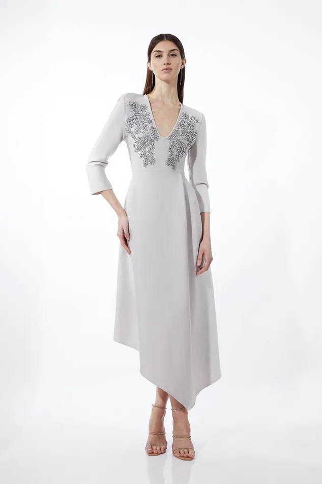 Dresses Women Karen Millen Bandage Form Fitting Asymmetric Embellished Knit Dress Grey