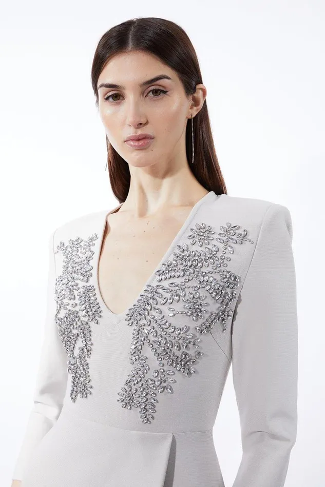 Dresses Women Karen Millen Bandage Form Fitting Asymmetric Embellished Knit Dress Grey
