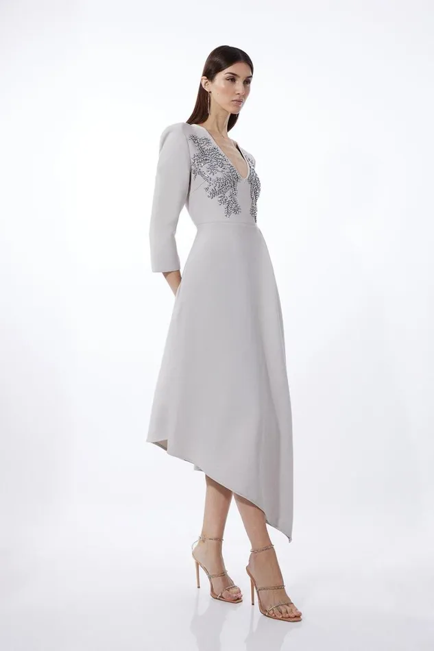 Dresses Women Karen Millen Bandage Form Fitting Asymmetric Embellished Knit Dress Grey