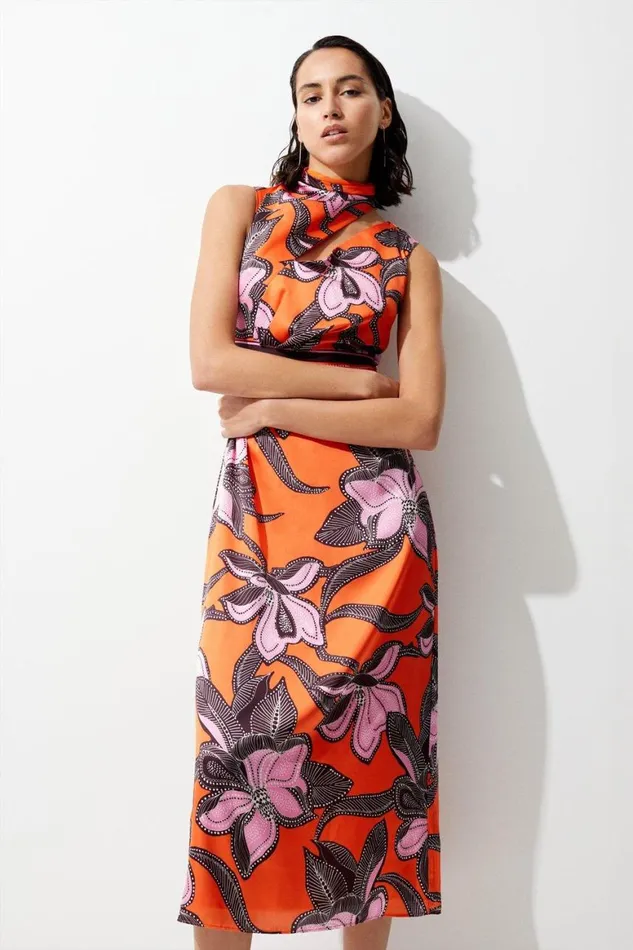 Dresses Women Karen Millen Batik Floral Hammered Satin Column Midi Dress Orange