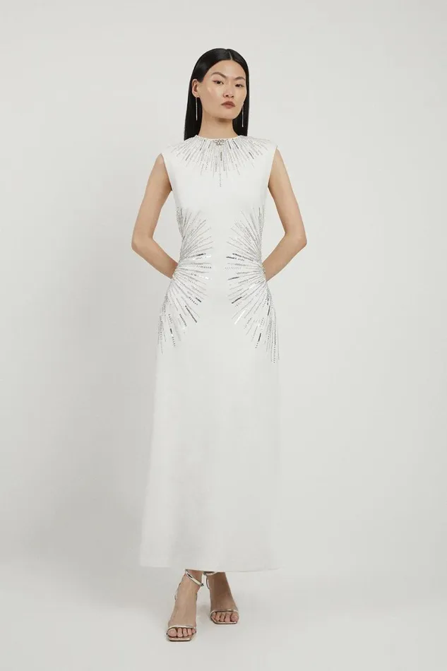 Dresses Women Karen Millen Beaded And Embellished Ponte Jersey Midi Dress Ivory