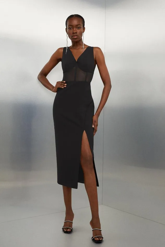 Dresses Women Karen Millen Clean Tailored V Neck Mesh Detail Side Split Pencil Dress Black