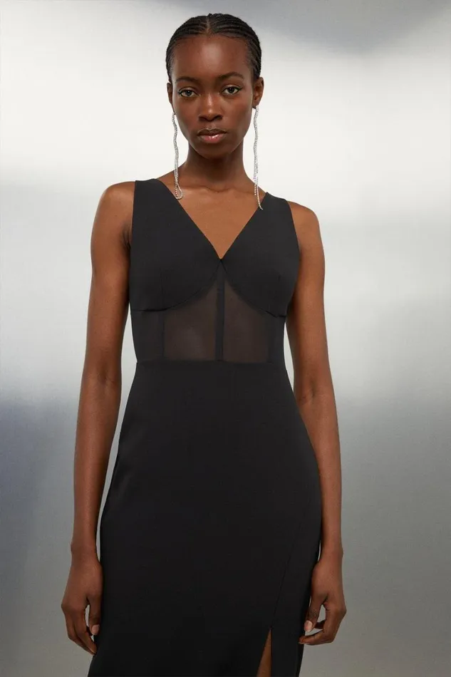 Dresses Women Karen Millen Clean Tailored V Neck Mesh Detail Side Split Pencil Dress Black