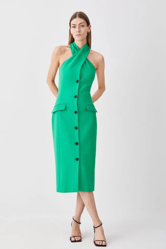 Dresses Women Karen Millen Compact Stretch Halter Neck Button Detail Midi Dress Green