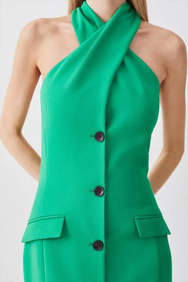 Dresses Women Karen Millen Compact Stretch Halter Neck Button Detail Midi Dress Green
