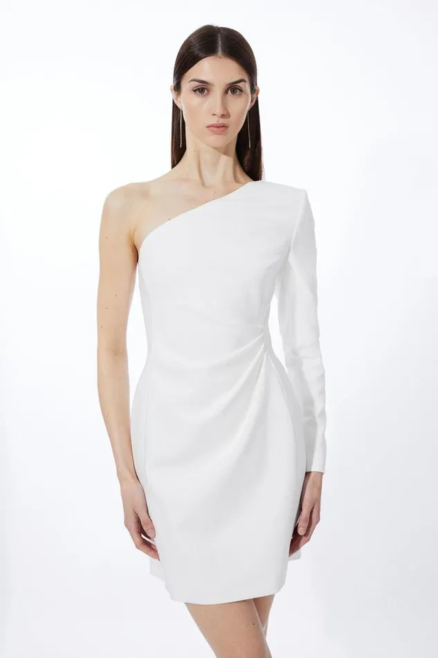 Dresses Women Karen Millen Compact Stretch One Shoulder Pleated Waist Mini Dress Ivory