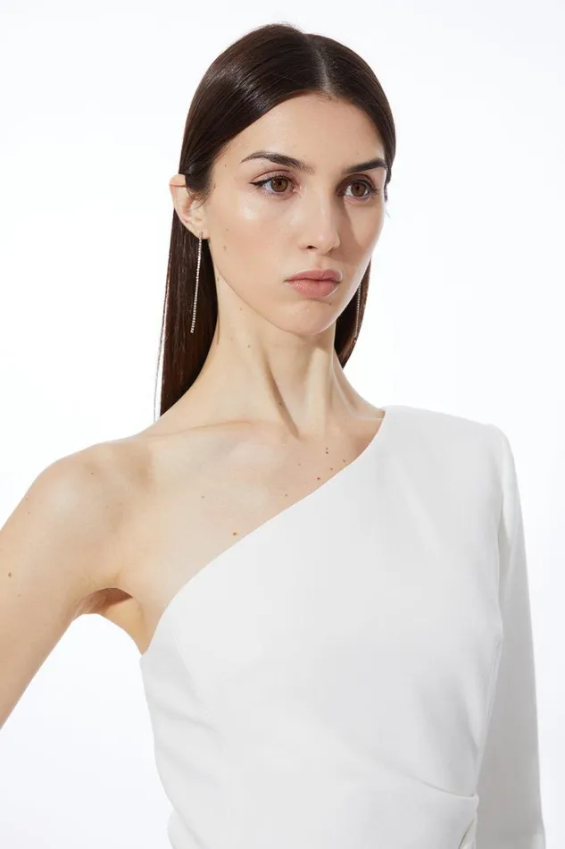 Dresses Women Karen Millen Compact Stretch One Shoulder Pleated Waist Mini Dress Ivory