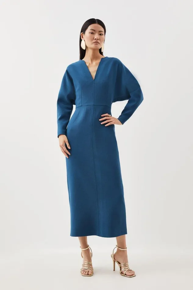 Dresses Women Karen Millen Compact Stretch Tailored Seamed Detail Rounded Sleeve Midi Dress Petrol