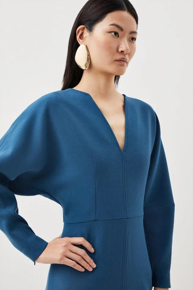 Dresses Women Karen Millen Compact Stretch Tailored Seamed Detail Rounded Sleeve Midi Dress Petrol